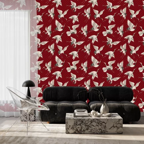 Behang Kranen op een gevormde rode achtergrond