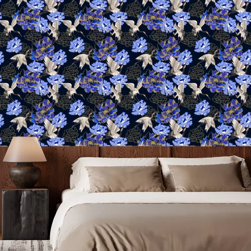 Behang Oosterse blauwe vegetatie en kraanvogels