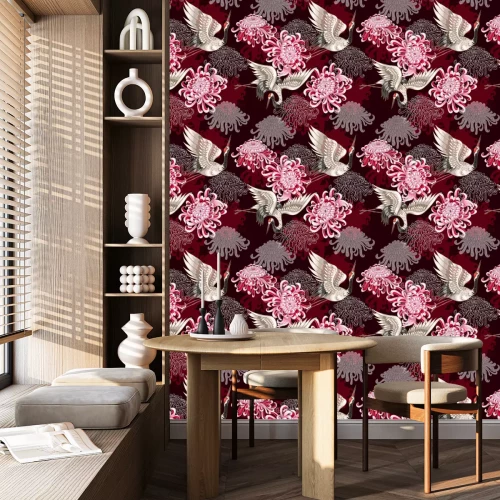 Behang Roze bloemen en kraanvogels in oosterse stijl