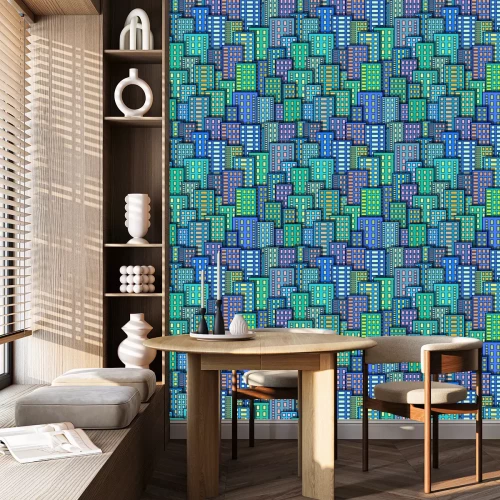 Behang Naadloze stedelijke achtergrond, abstracte kleurrijke stad, wolkenkrabbers met gloeiende ramen, tegel patroon voor uw ontwerp. Eps10, bevat transparanten. Vector