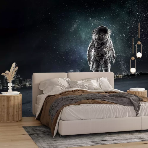 Sticker Astronaut tegen de achtergrond van een kosmische stad