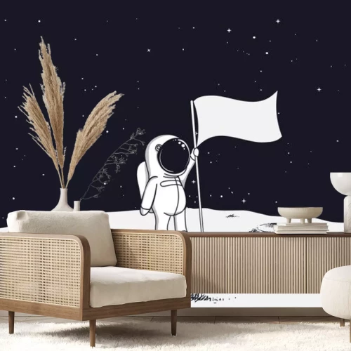 Sticker Dikke astronaut die bij de grafische vlag staat