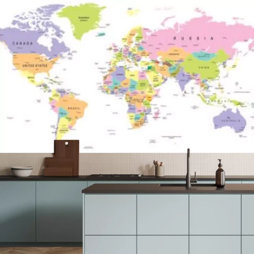 Fotobehang Gekleurde wereldkaart met landen gemarkeerd