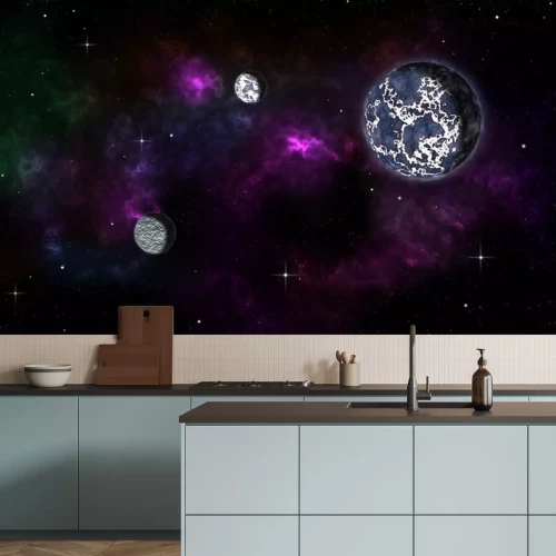 Sticker Kosmos van de planeet tegen de achtergrond van een paarse nevel