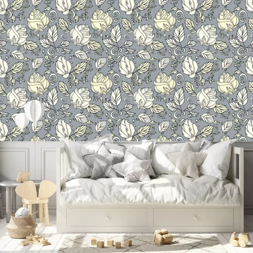 Behang Rosebuds en bladeren blauwe achtergrond