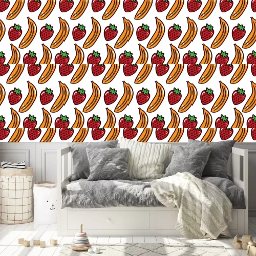 Behang Bananen en aardbeien in cartoonstijl