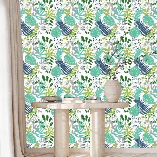 Behang naadloze patroon van blauwe en groene planten op een witte achtergrond