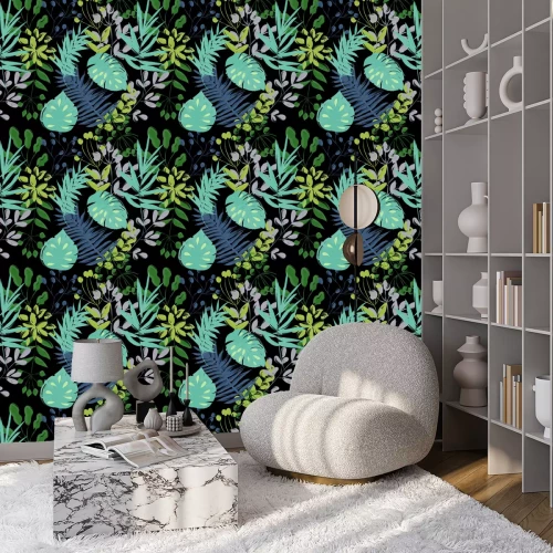 Behang naadloze patroon van blauwe en groene planten op een zwarte achtergrond