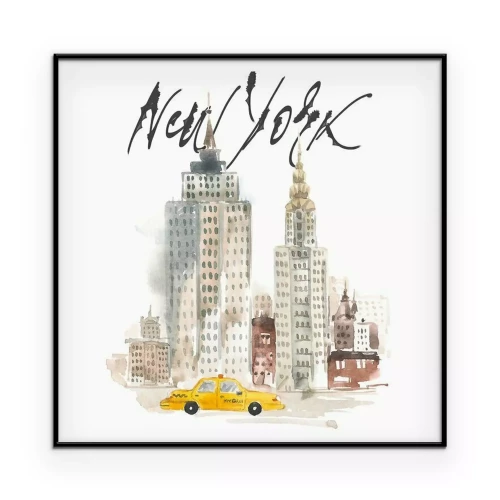 Poster Aquarel van New Yorkse wolkenkrabbers met een gele taxi