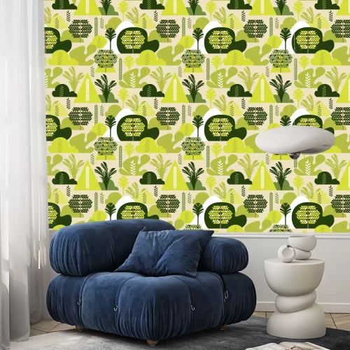 Behang Naadloos patroon. Bomen breedbladig tropisch in een vlakke stijl. Behoud van het milieu, bossen. Park, buiten. Vector illustratie.