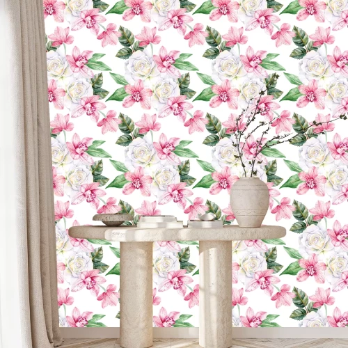Behang Roze orchideeën en witte rozen