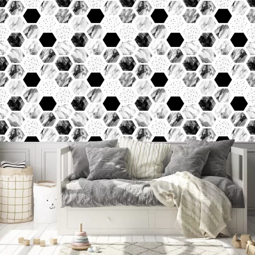 Behang Aquarel zeshoek met strepen, water kleur marmer, korrelig, grunge, papier structuren.