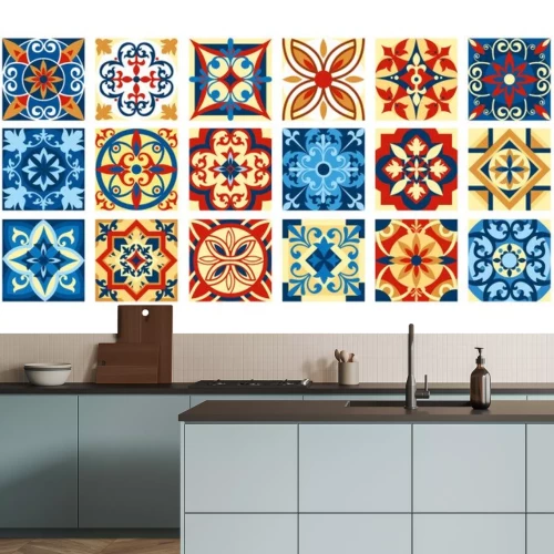 Sticker Vector illustratie Verzameling van keramische tegels in retro kleuren. Een set vierkante patronen in etnische stijl. Vector illustratie.