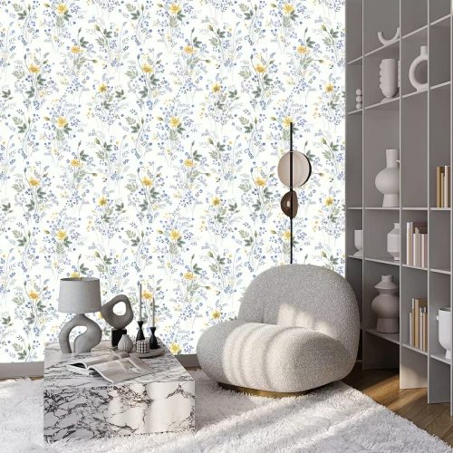 Behang Gele en blauwe veldbloemen