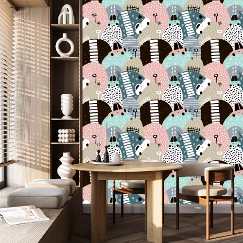 Behang Naadloos patroon met hand getrokken leuke auto en heuvels. Beeldverhaalauto's, verkeersteken, gestreepte vectorillustratie. Perfect voor kinderstof, textiel, kinderkamerbehang