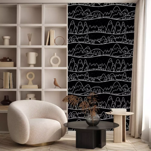 Behang Winter schattig landschap. Kerst naadloze patroon met herten, bergen en pijnbomen.