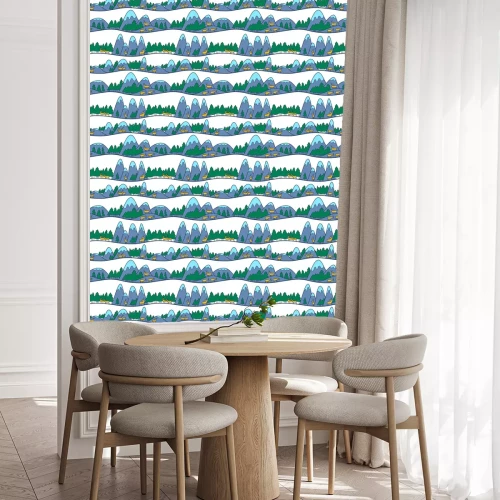 Behang Winter schattig landschap. Kerst naadloze patroon met herten, bergen en pijnbomen.