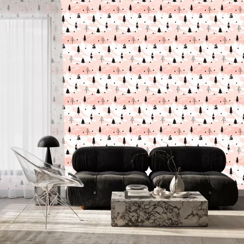 Behang Hand getrokken vector abstracte decoratie van het Kerstmis het geweven naadloze patroon met freehand vuile borstel geschilderde die Kerstbomen in pastelkleuren op witte achtergrond worden geïsoleerd