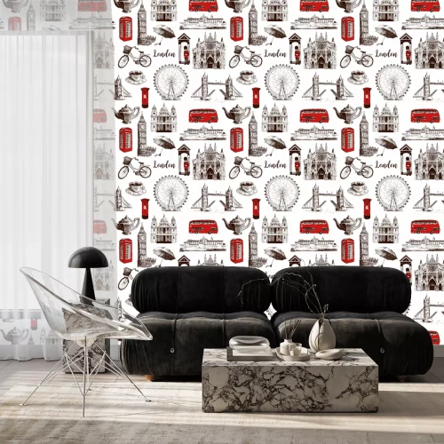 Behang De architecturale symbolen van Londen overhandigen getrokken vector naadloze patroonschets. Big Ben, Tower Bridge, rode bus, brievenbus, telefooncel, bewaker