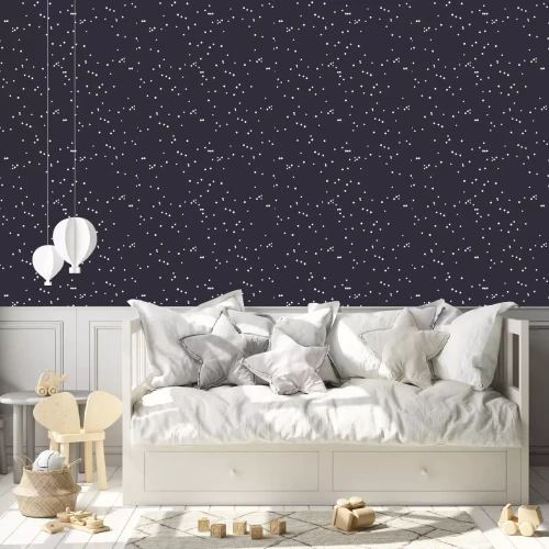 Behang Zwart motief met verspreide witte stippen