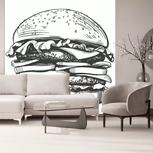 Fotobehang Grote hamburger, hamburger hand getrokken vector illustratie schets retro stijl