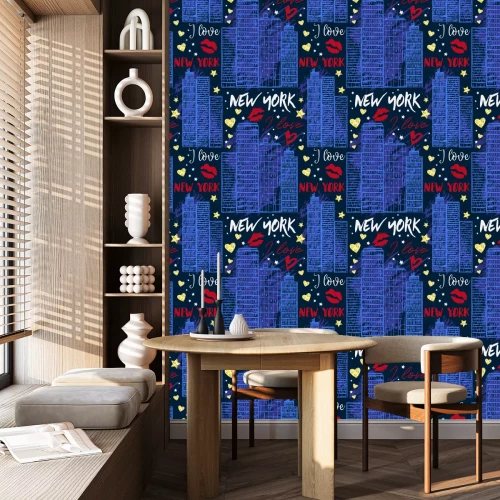 Behang New York. Naadloze patroon met wolkenkrabbers, kussen, harten en sterren met gouden glitter folie textuur. Vector illustratie