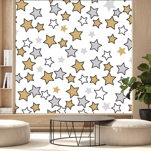 Sticker Grappig Kerstmispatroon met leuke sterren op wit. Naadloze gouden zilver zwarte kleur Vector design decor achtergrond. Decoratie stervorm glitter.