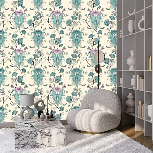 Behang Bloemen uitstekend naadloos patroon. Retro plantenstijl. Verticale decoratieve bloemen, modern motief. Kleurrijk damastornament