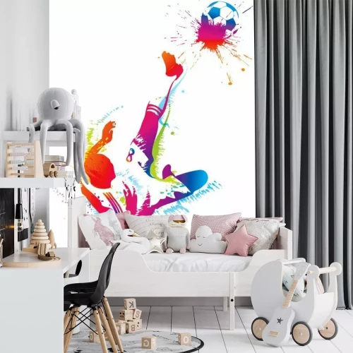 Sticker Voetballer die de bal schopt veelkleurige sportafbeeldingen