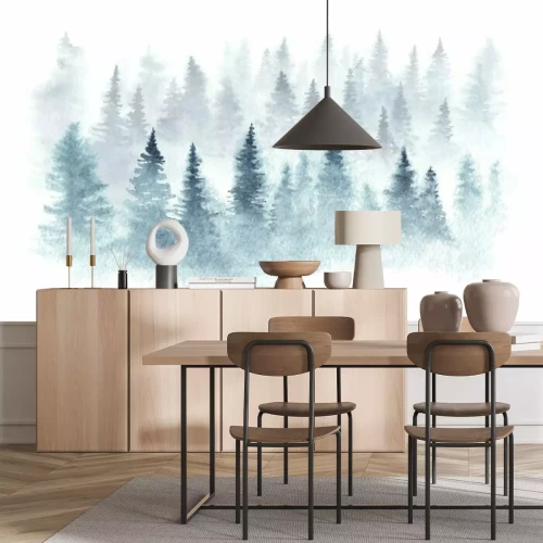 Sticker Het bos van de winter in een mist die in waterverf wordt geschilderd.