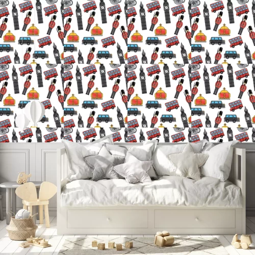 Behang Londen en Verenigd Koninkrijk stad soldaat kroon taxi bus grote ben iconen vector