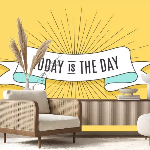 Sticker Vintage trendy lint met tekst Vandaag is de dag en lineaire tekening van zonnestralen. Kleurrijke oude banner met lint, handgetekende element voor ontwerp - banners, posters, cadeaubonnen. Vector illu