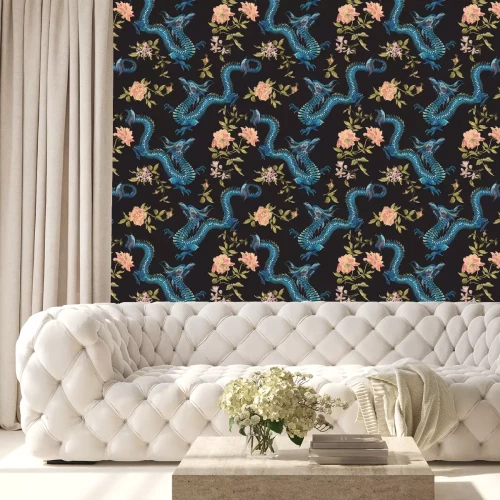 Behang Blauwe draken en bloemen in oosterse stijl