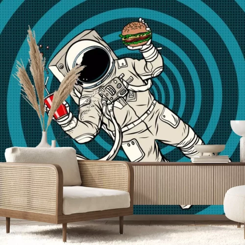 Sticker Een astronaut in een ruimtepak die een hamburger eet