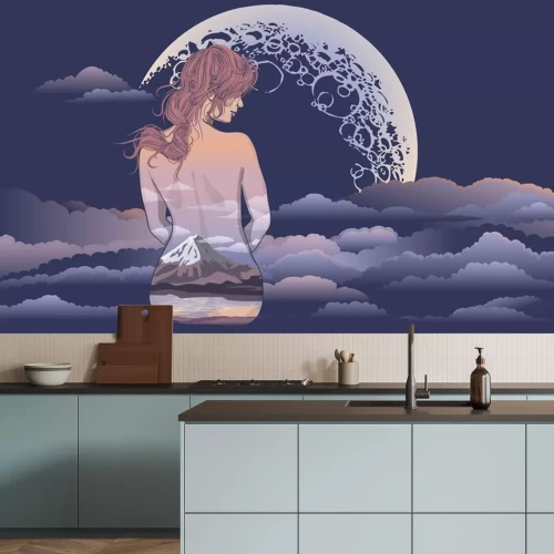 Sticker Een romantisch meisje zit op de achtergrond van de maan. Body art meisje, lichaam geschilderd met landschap. Romantisch meisje op de achtergrond van de maan en de stellaire hemel tatoeage en t-shirt d