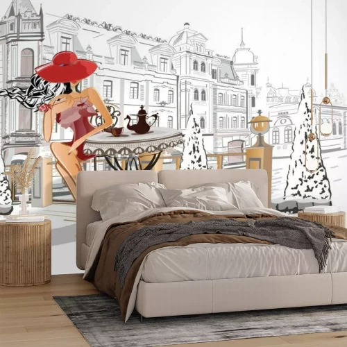 Sticker Mode mensen in het straat café in de oude stad. Hand getrokken vectorillustratie.