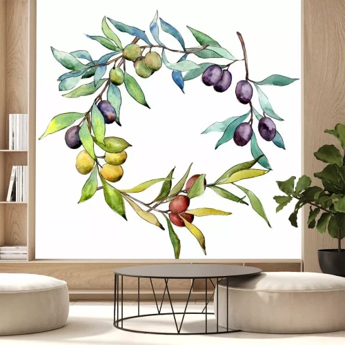 Sticker Olijfboomkroon in een waterverfstijl. Volledige naam van de plant: Takken van een olijfboom. Aquarelle-olijfboom voor achtergrond, textuur, omslagpatroon, kader of grens.