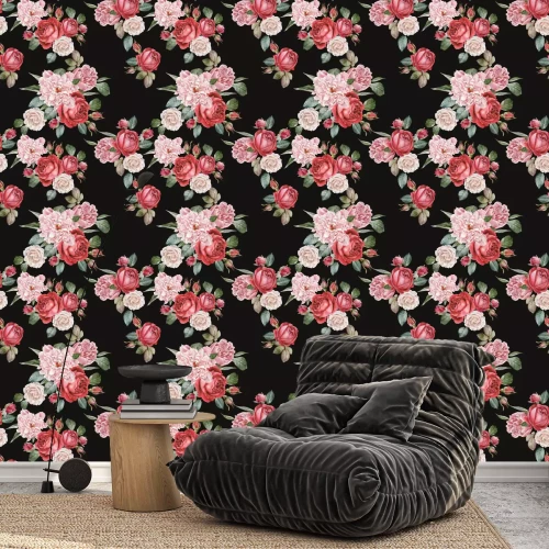 Behang Roze pioenrozen en rozen zwarte achtergrond