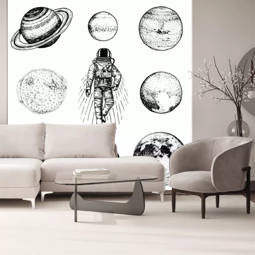 Sticker Kunstwerk van astronauten en planeten in het zonnestelsel