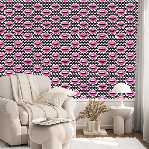 Behang Roze lippen op een zwart-witte stipachtergrond