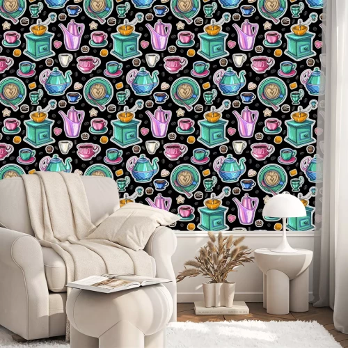 Behang Vector van het koffie de naadloze patroon, het verpakkende ontwerp van de koffiewinkel, schetsstijl. Koffie, desserts, thee, ontbijt, gebak, donut. mok, beker, koffiemolen. Hand getrokken vector.