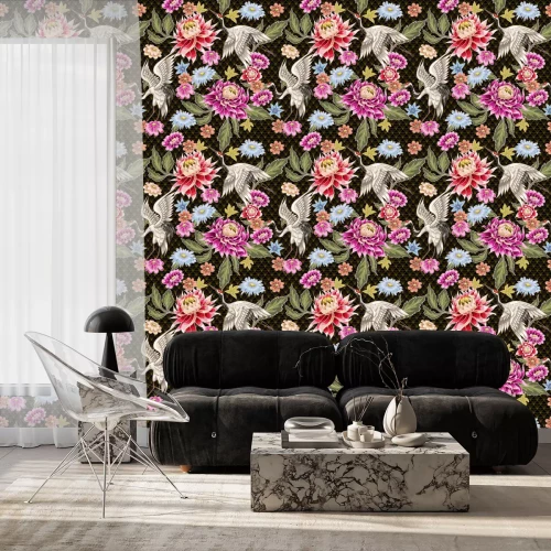 Behang Kraanvogels en exotische Japanse bloemen