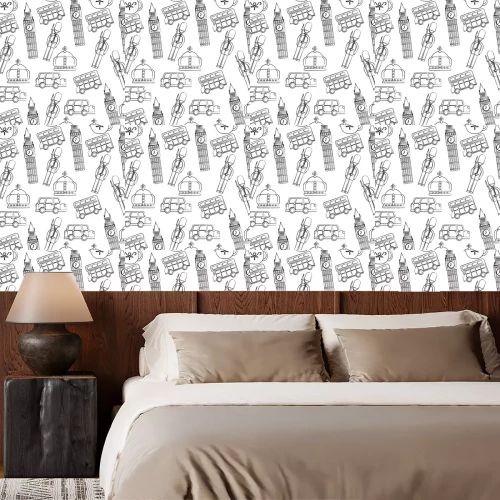 Behang guard big ben double decker bus crown londen united kingdom pattern image vector illustrationd design zwarte schets lijn
