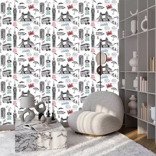 Behang Londen symbolen. Vector hand getrokken illustratie