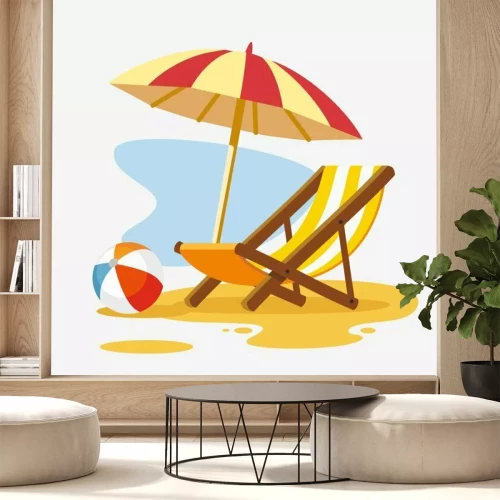 Sticker Paraplu en ligstoel op het strand.