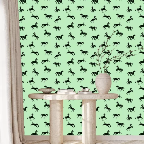 Behang Zwarte paarden op een groene achtergrond