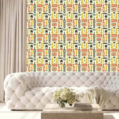 Behang Londen patroon. Vector kleurrijk naadloos patroon met de symbolen van Londen, zoals de Big Ben, de rode bus, de cabine en de Britse vlag in in vlakke stijl. Geïsoleerd op wit.