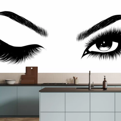 Fotobehang Illustratie van een oog met een gesloten ooglid en dikke wimpers en wenkbrauwen