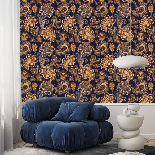 Behang Beige blauwe oosterse bloemen en bladeren