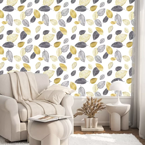 Behang Vector naadloos patroon met hand getrokken gouden, zwarte, witte waterverf en inktbladeren. Trendy Scandinavisch ontwerp